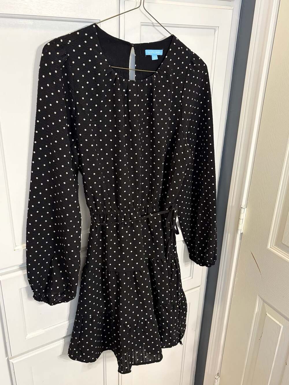 Draper James Polka Dot Dress Size L Black White Long Sleeve Tiered Mini